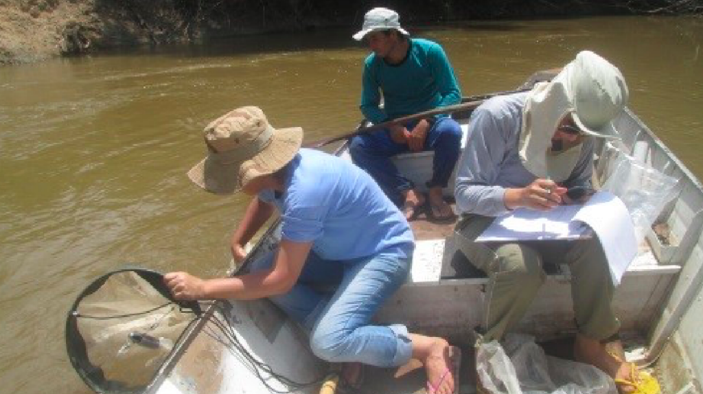 Pesquisadores estão em uma lancha. Um fazendo anotações, enquanto o outro coleta peixes do rio.