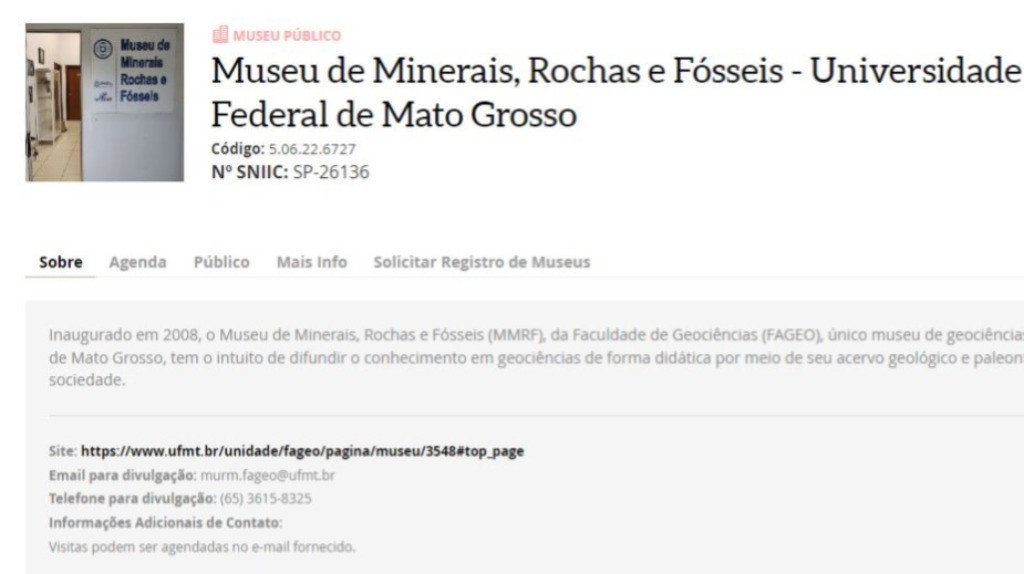 Cadastro do Museu de Minerais, Rochas e Fosseis no Museusbr 